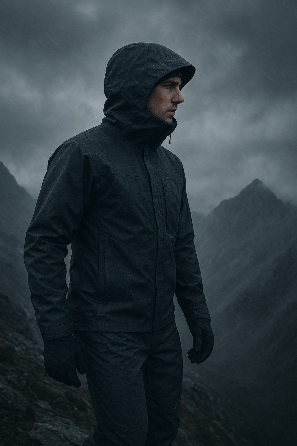 Close-up of a hiker in dark technical outerwear standing on a stormy alpine ridge, showing textured waterproof fabric and taped seams