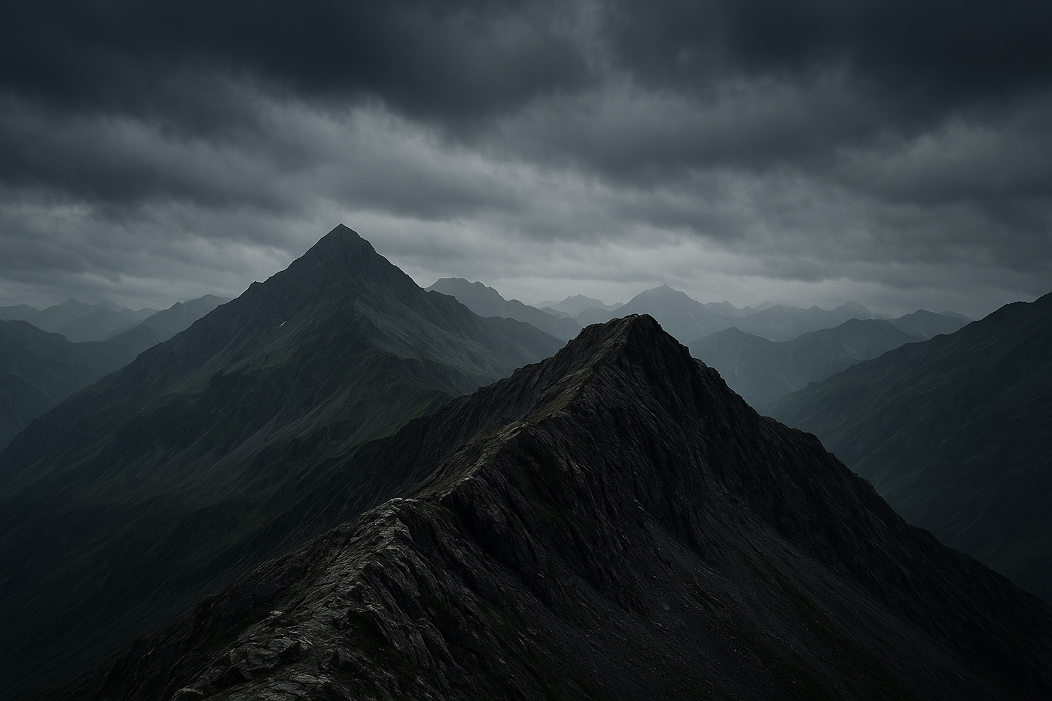 Moody alpine ridgeline landscape under overcast weather with vast mountain scale