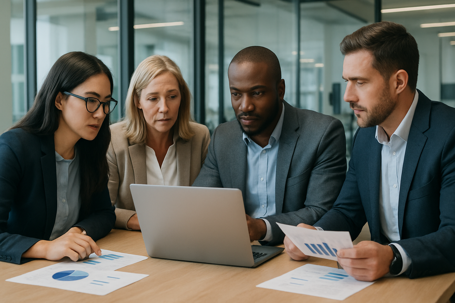 Marketing team reviewing campaign performance together in a modern office