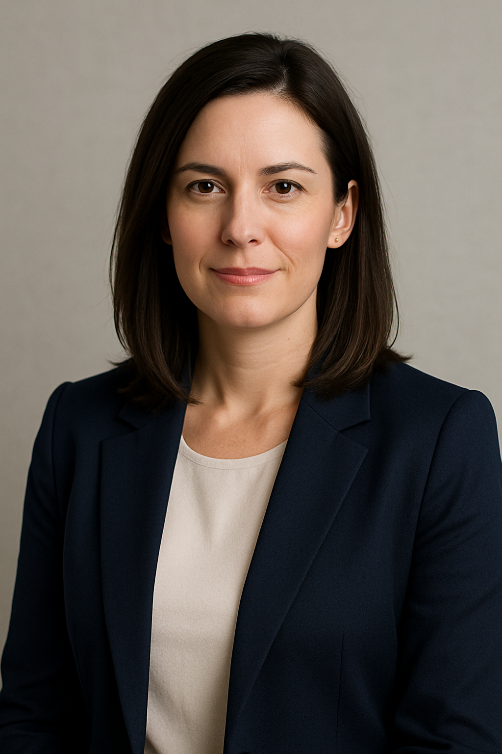 Amanda Cole, Managing Director, in a navy blazer with a neutral studio background