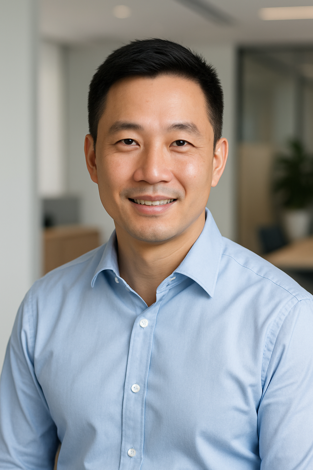Marcus Lee, Client Success and Delivery Lead, in a light blue shirt with a clean corporate interior