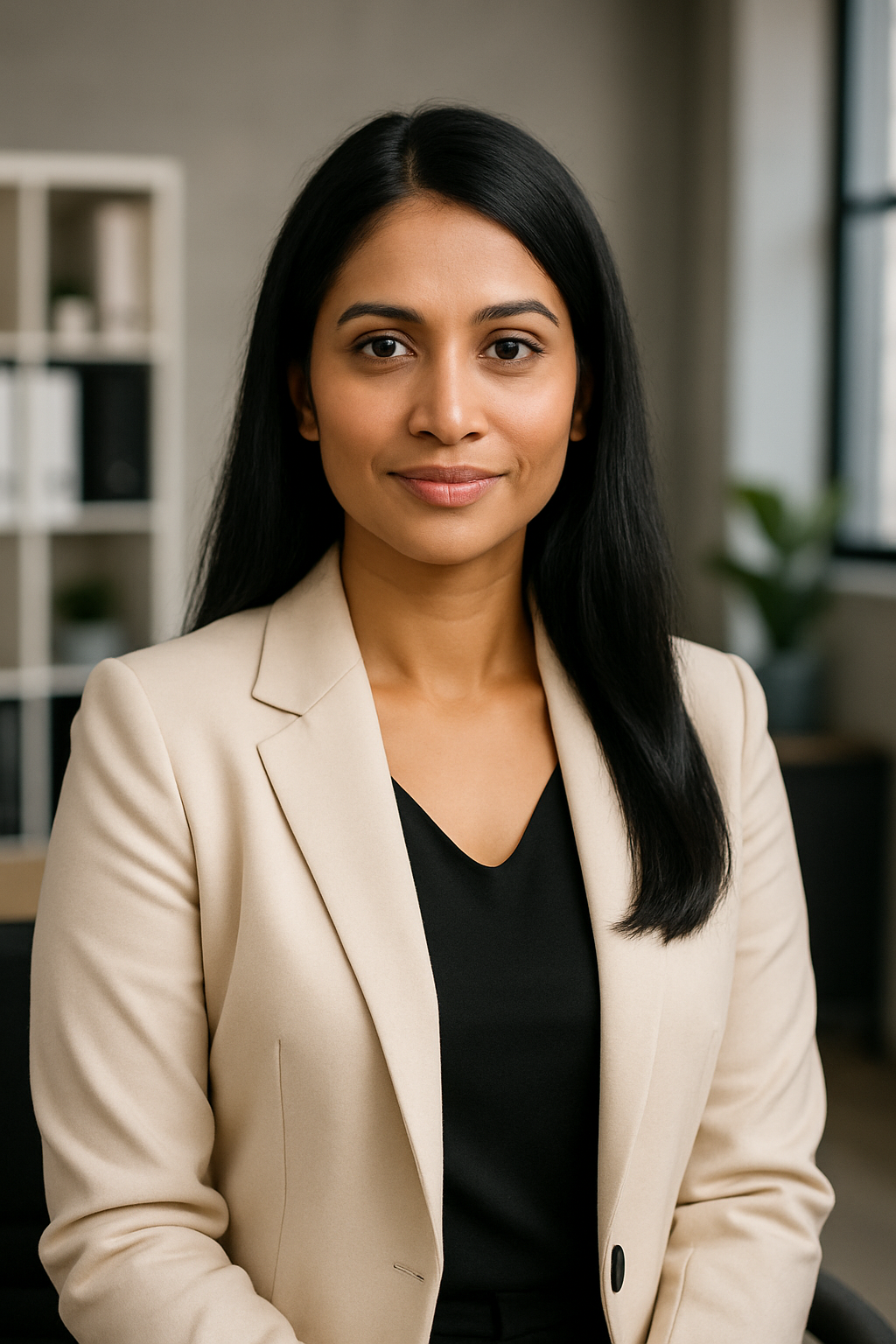 Priya Nair, Director of Public Relations, in a cream blazer against a softly lit editorial backdrop