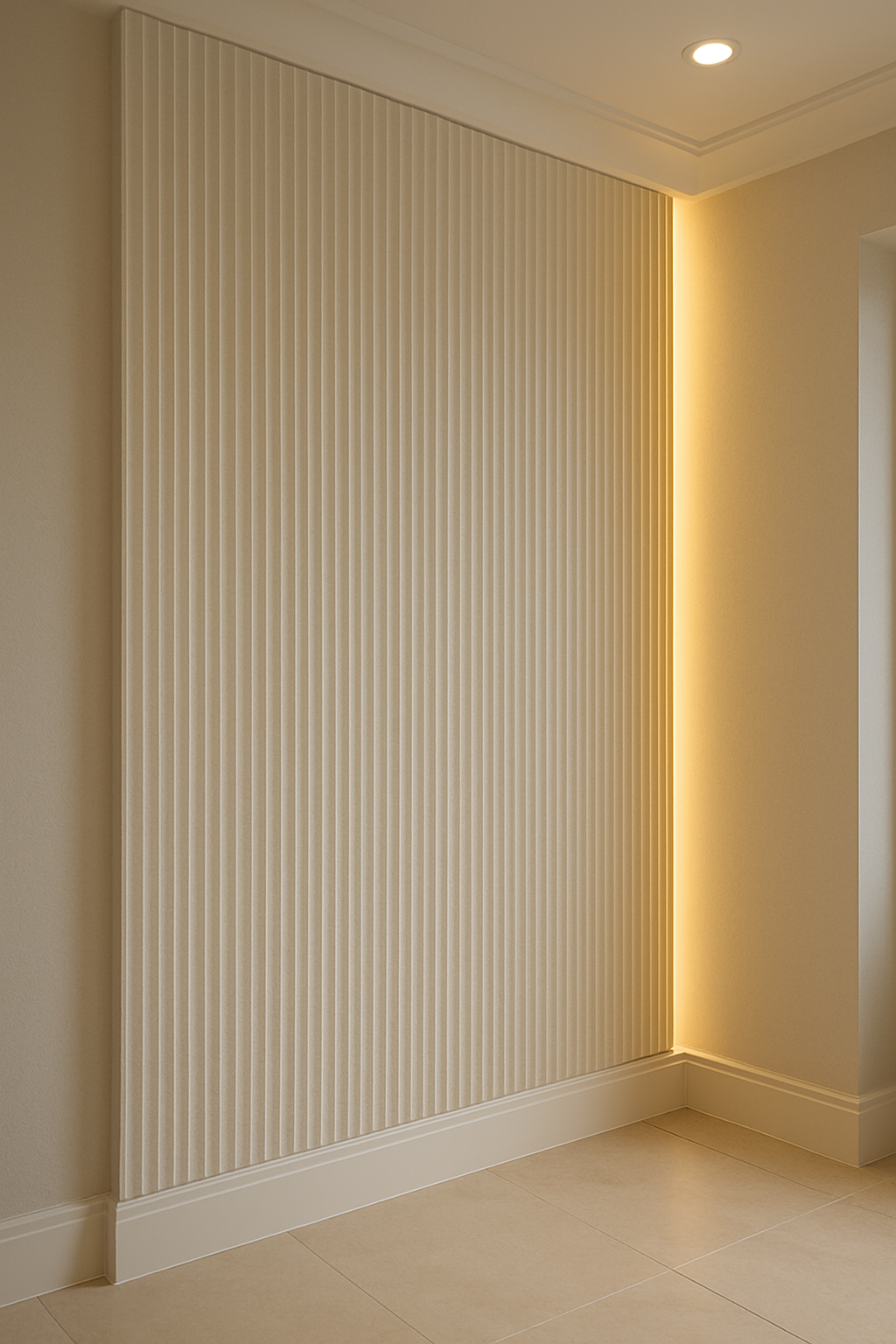Parede com solução decorativa em painéis de gesso, relevo discreto e iluminação lateral