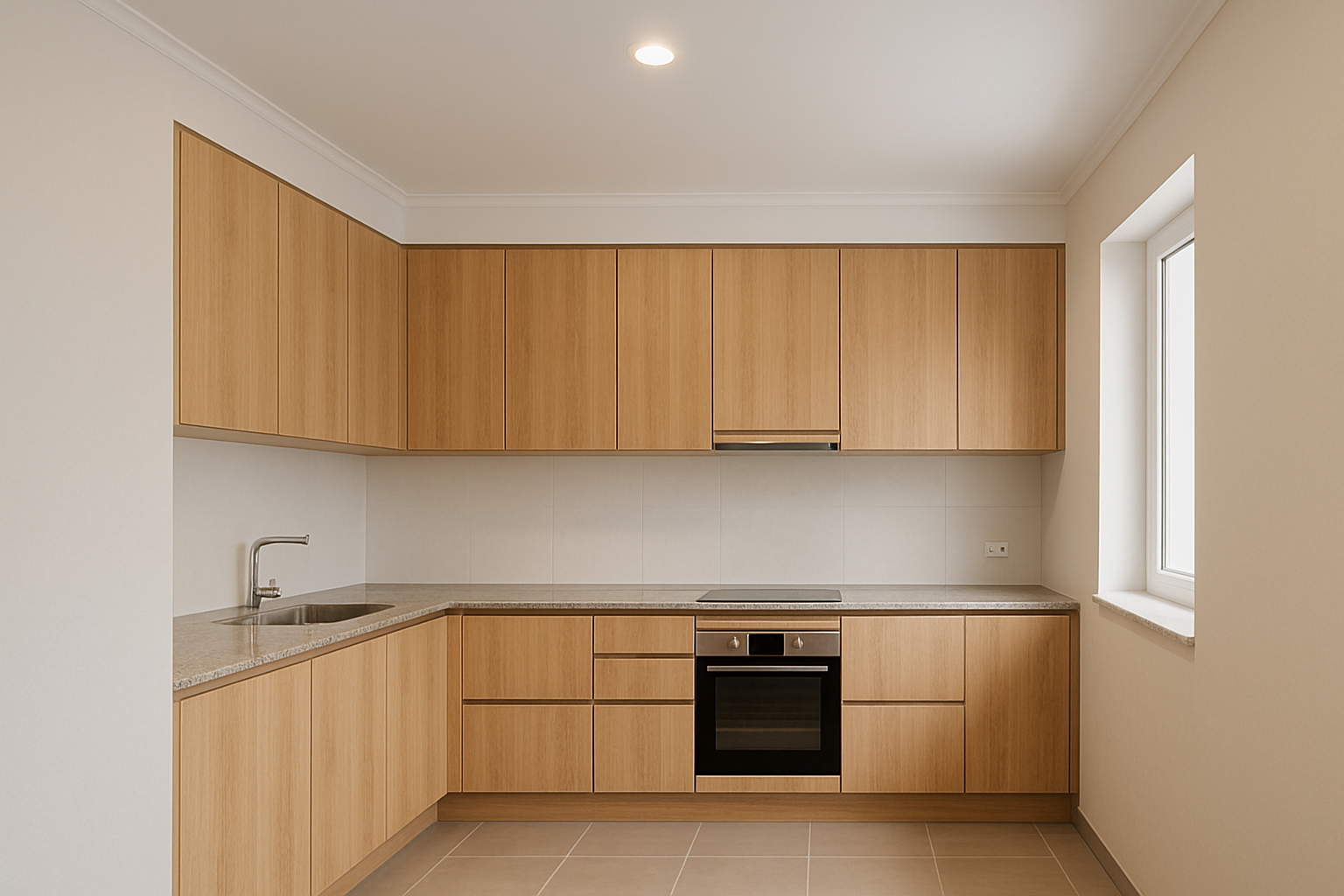 Cozinha renovada com forro de gesso, pintura uniforme e acabamento limpo nas transições