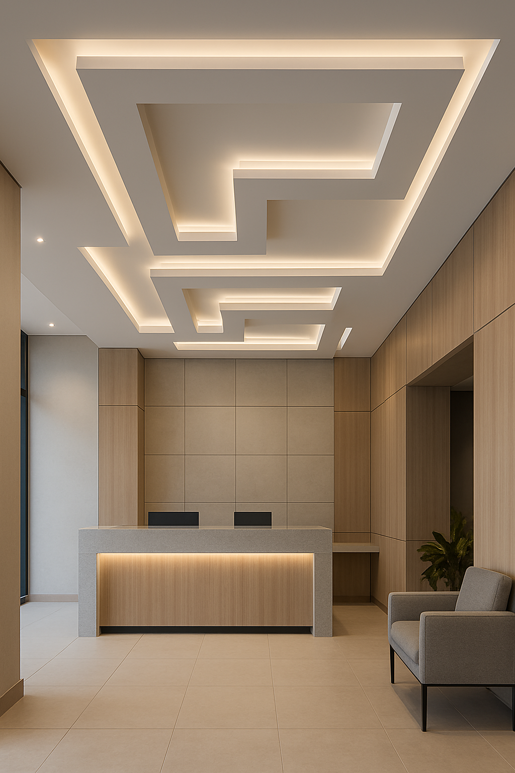 Recepção com tecto falso em níveis, luzes LED embutidas e acabamento contemporâneo