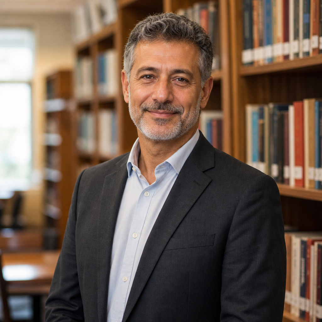 Academic director with salt-and-pepper hair wearing a charcoal suit, standing in a library