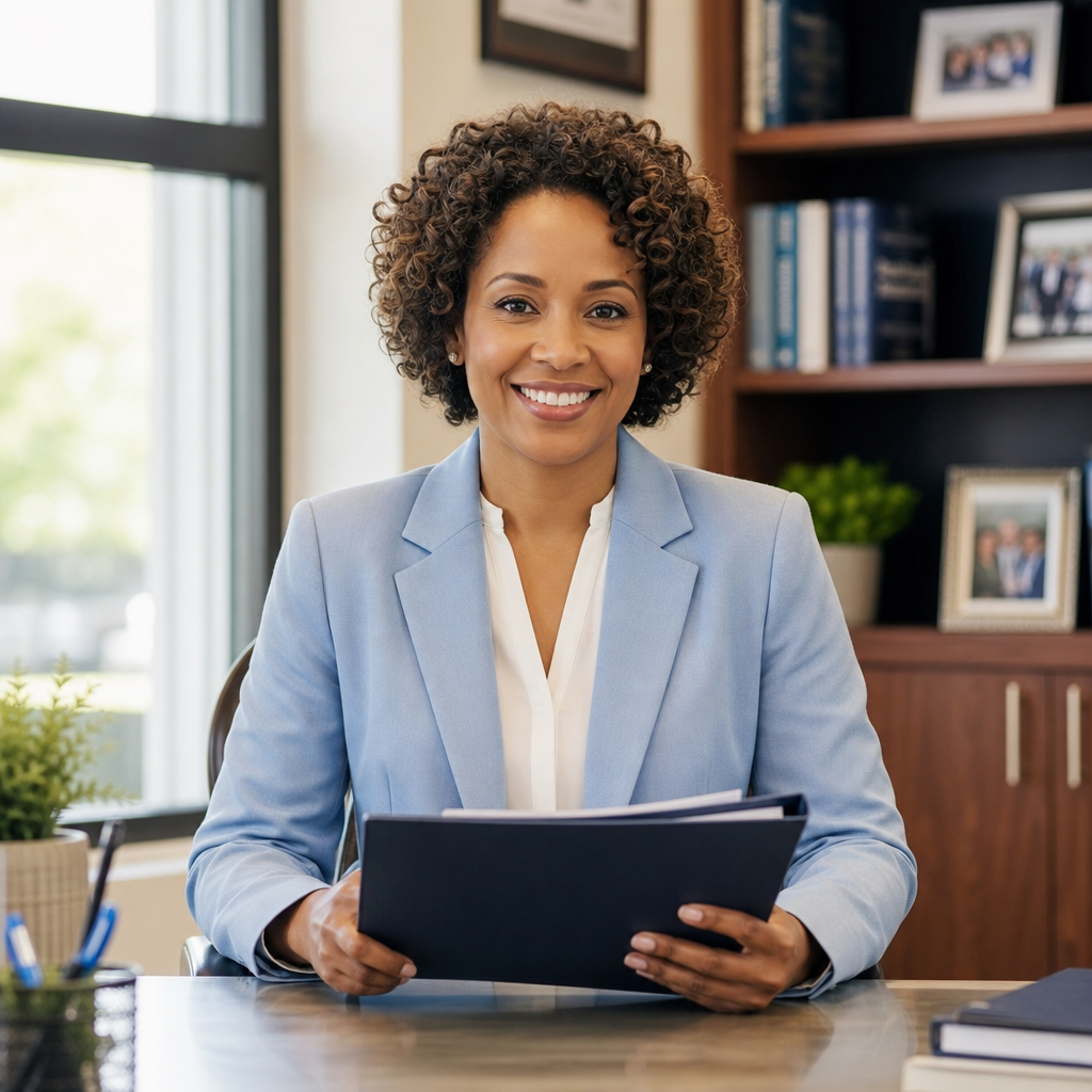 Admissions lead with short curly hair in a light blue blazer, holding a folder in a school office