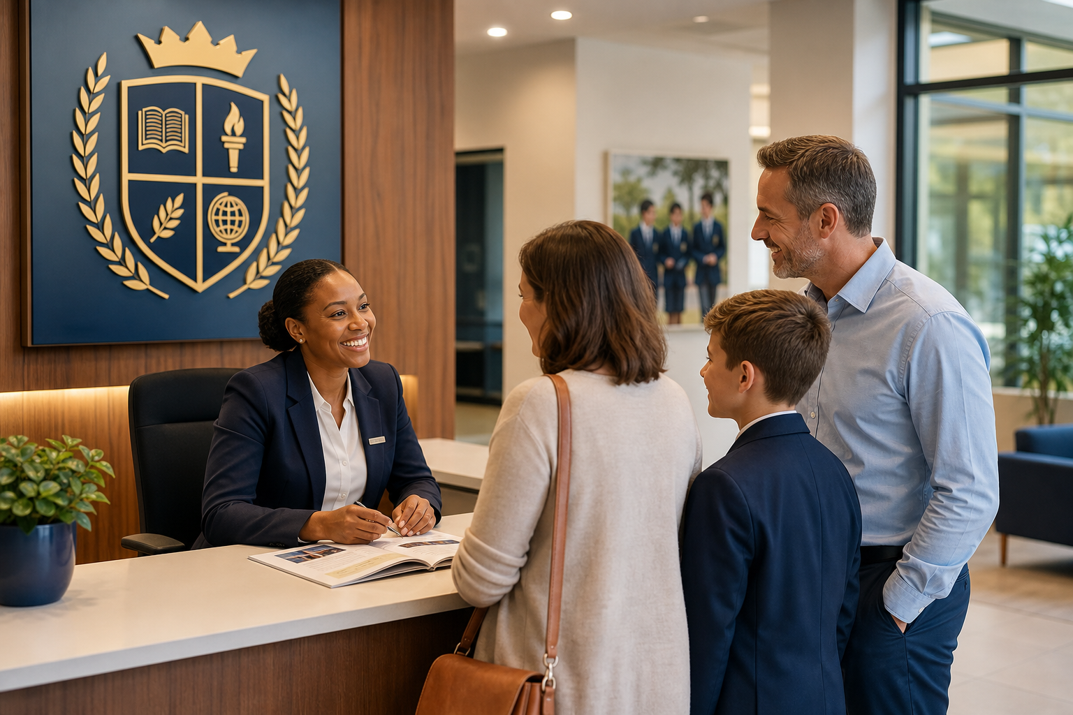 Smiling admissions counselor welcoming parents and a student in a modern school reception