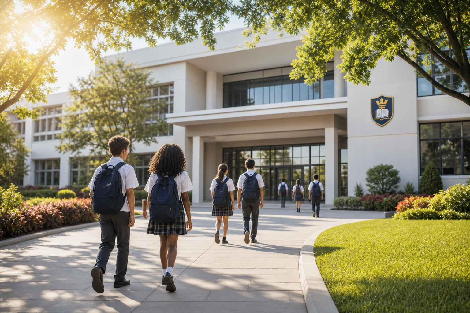 Sunlit school campus entrance with students and greenery