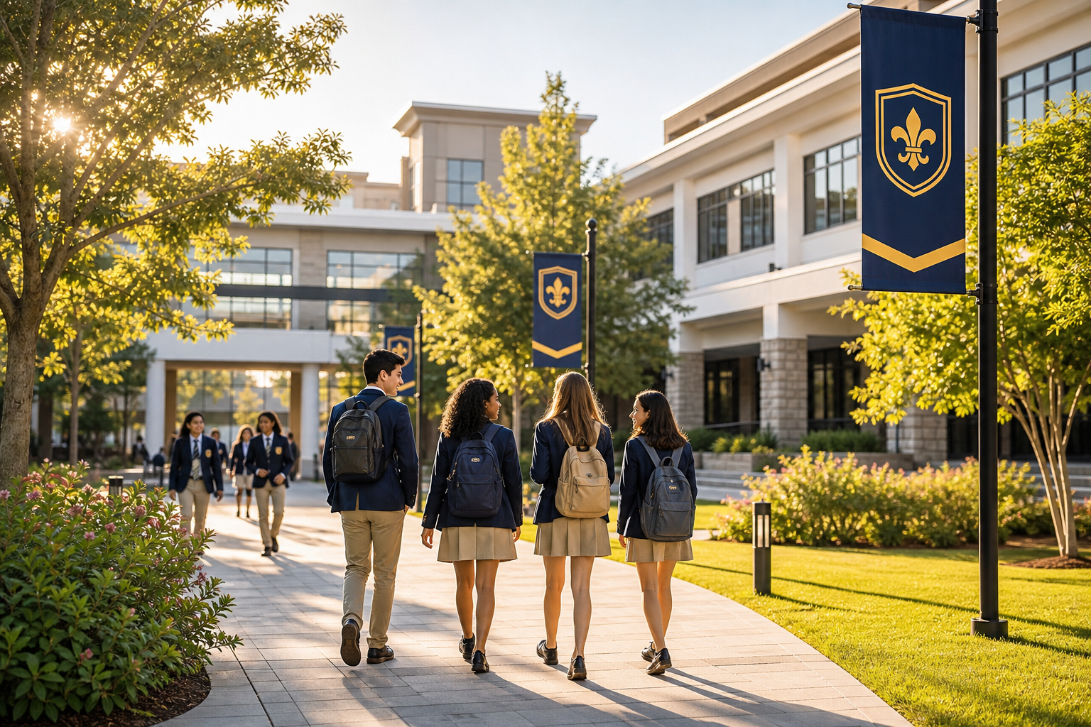 Sunlit campus courtyard with students walking between modern school buildings and landscaped greenery