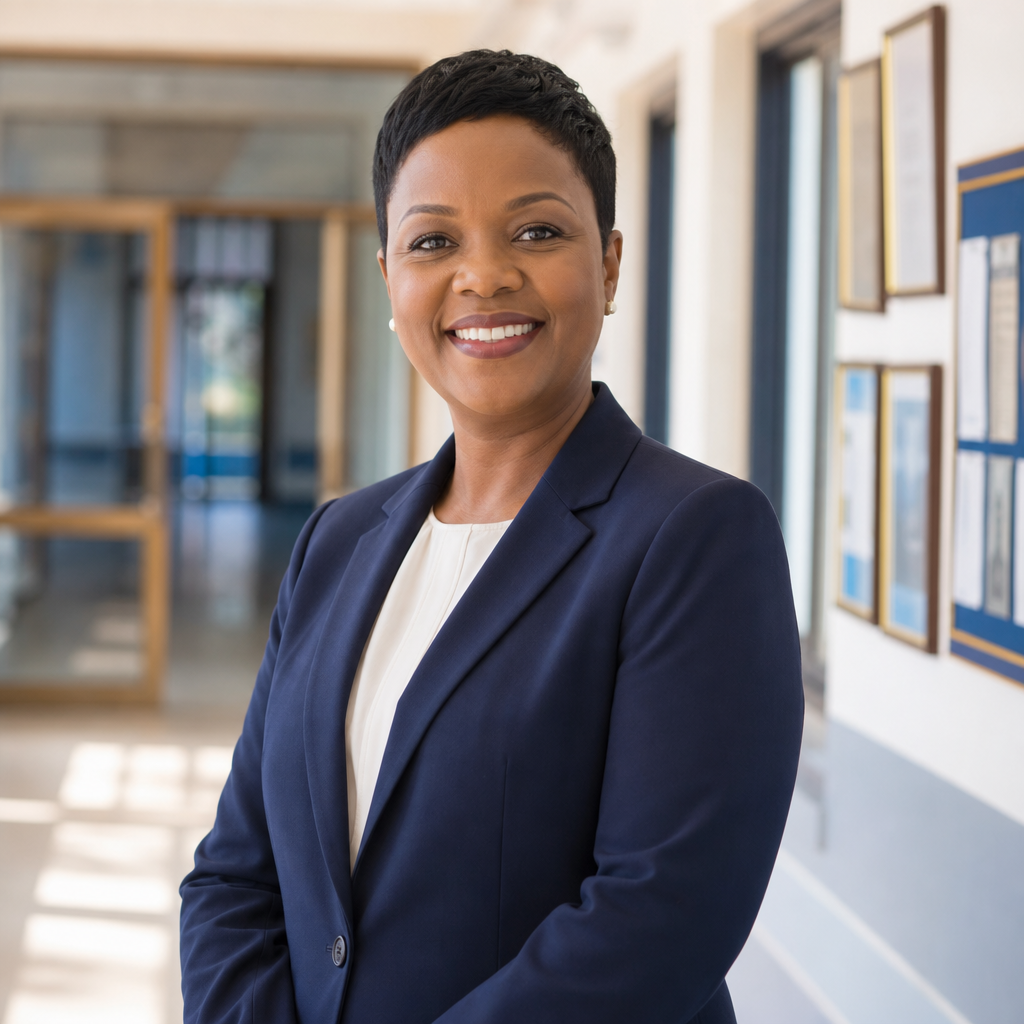 Warm, professional head teacher with short black hair in a navy blazer, smiling in a bright school hallway