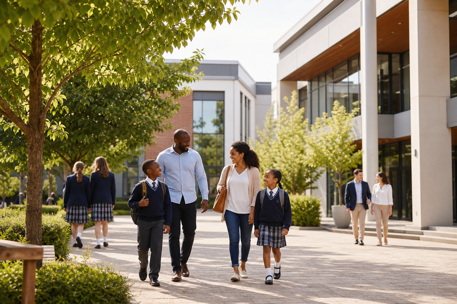 Welcoming school campus with students and families walking along a tree-lined courtyard
