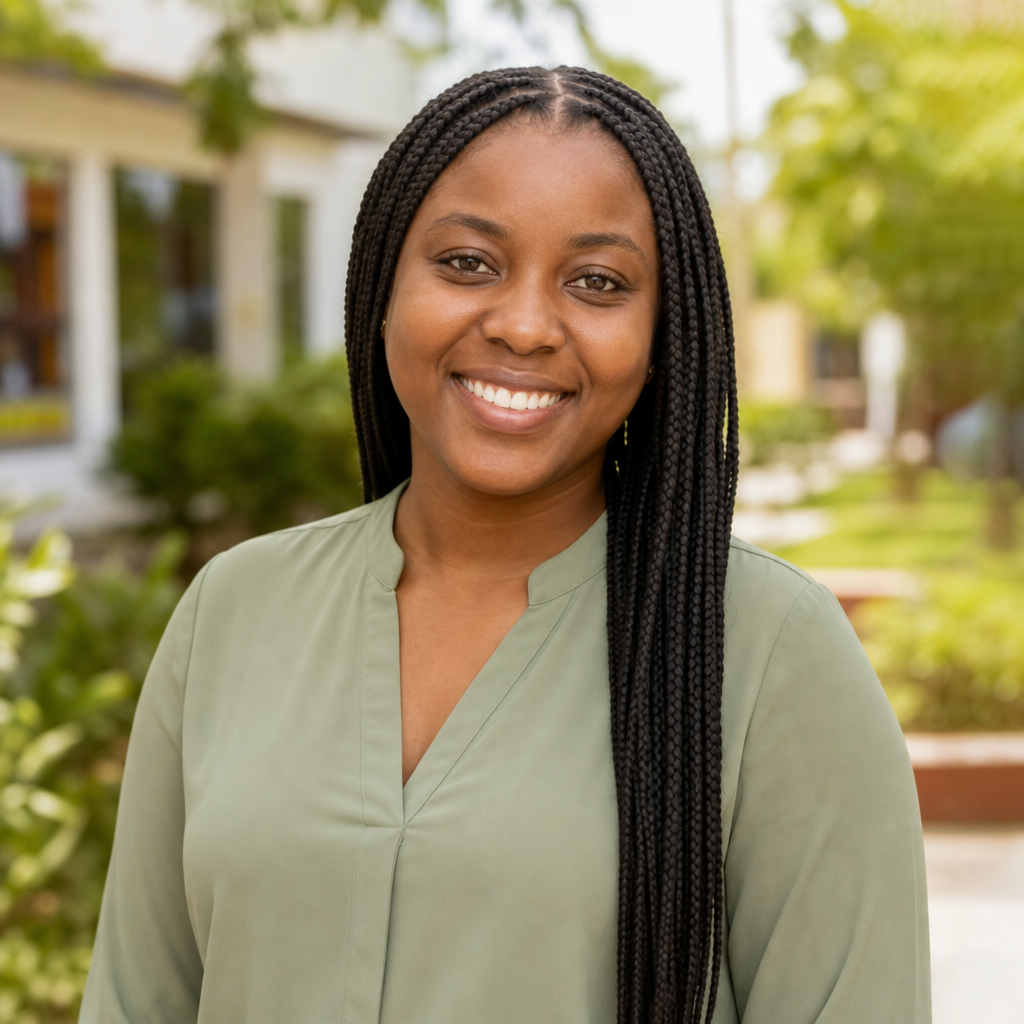 Student life coordinator with long braided hair wearing a soft green blouse, smiling outdoors