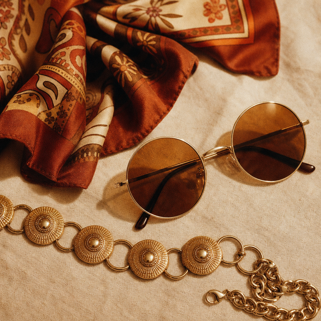 Flatlay of vintage accessories including a gold-tone belt, round sunglasses, and a silk scarf on textured fabric