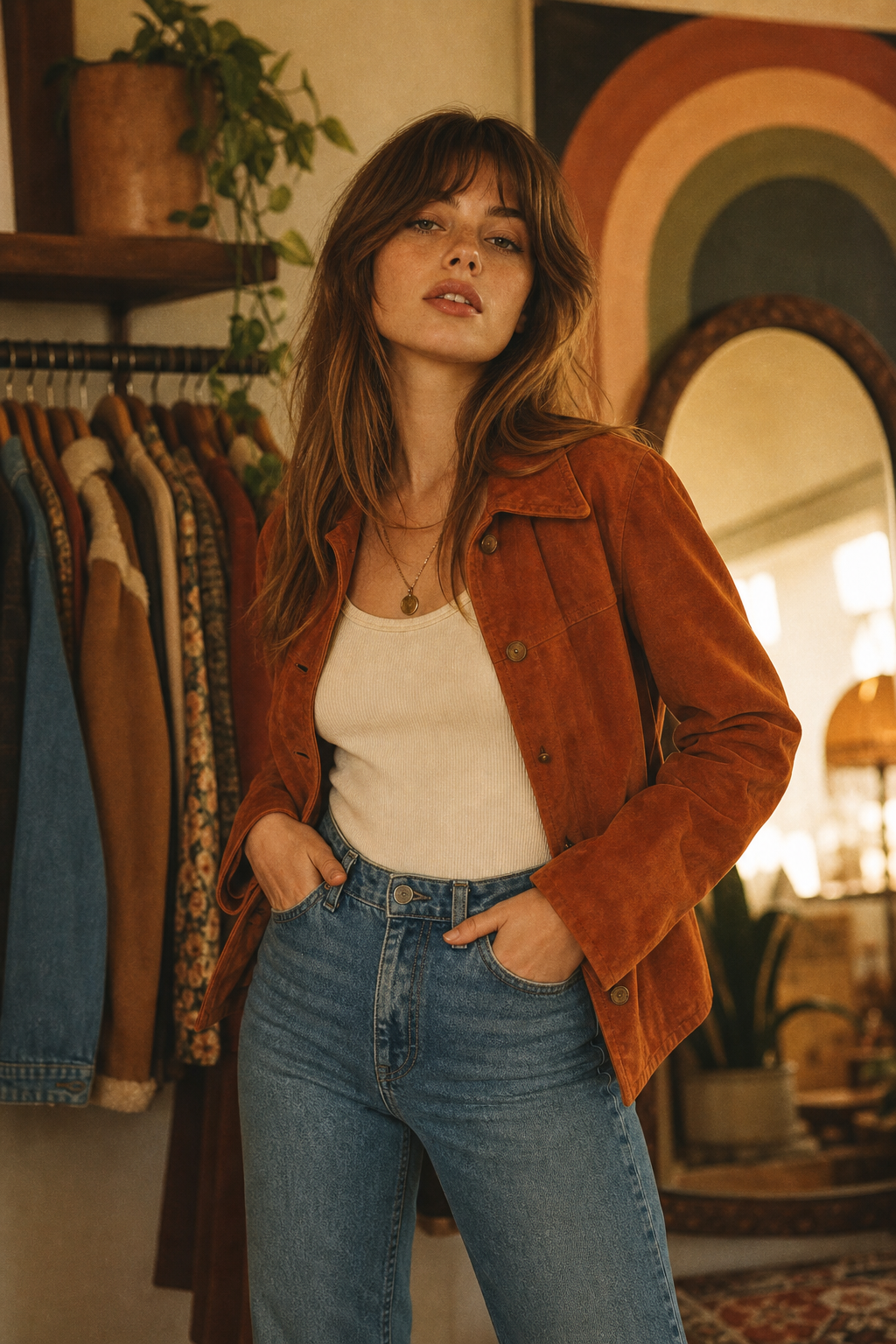 Model in a burnt orange suede jacket with high-waisted denim, photographed with warm film lighting