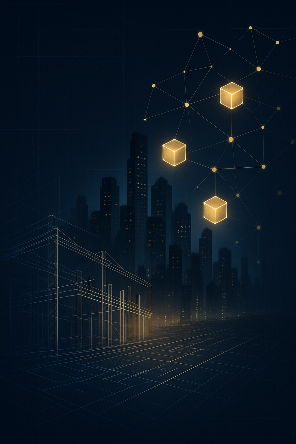 High-end construction site blueprint and skyline morphing into glowing digital token blocks, network nodes, and ledger overlays in a dark fintech aesthetic