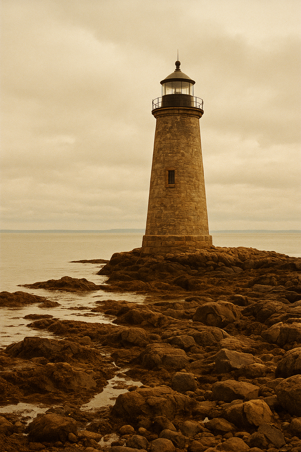 Historical lighthouse exterior on a rugged northern shoreline at golden hour, captured in warm film style