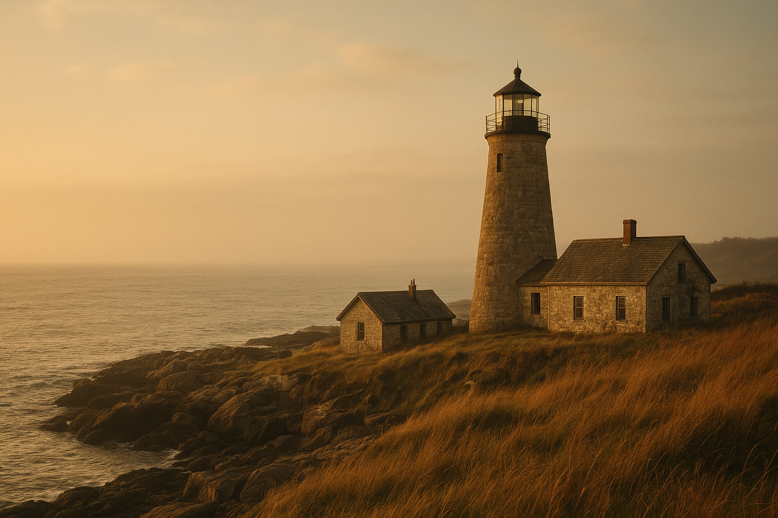 Historic lighthouse on a rugged northern coastline at late day, with sea haze and weathered stone structures