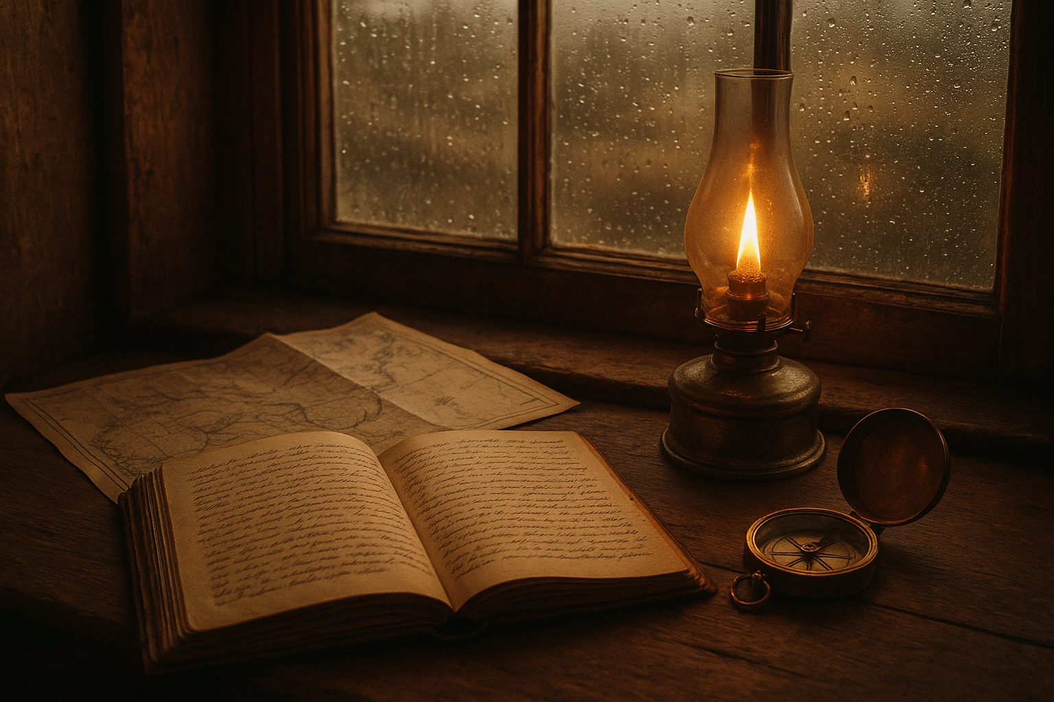 Warm film-style photograph of a lighthouse keeper's desk with a weathered journal, brass oil lamp, and folded coastal charts near a rain-speckled window