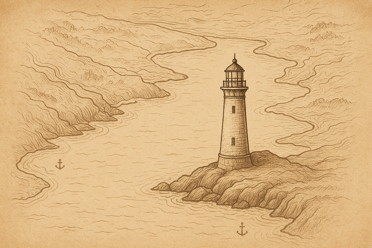 Hand-drawn style coastal chart with a lighthouse on a rocky point, contour lines, and harbor markers along the northern shoreline