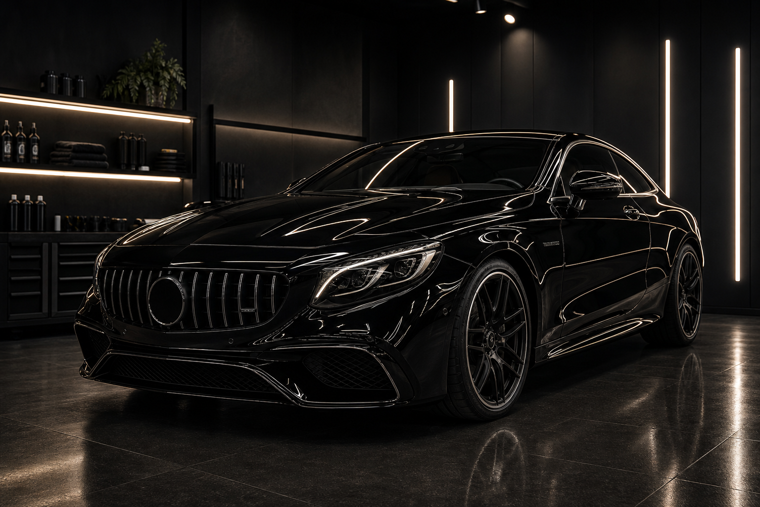 Polished black luxury coupe under studio lights with crisp glossy paint reflections and refined premium detailing atmosphere