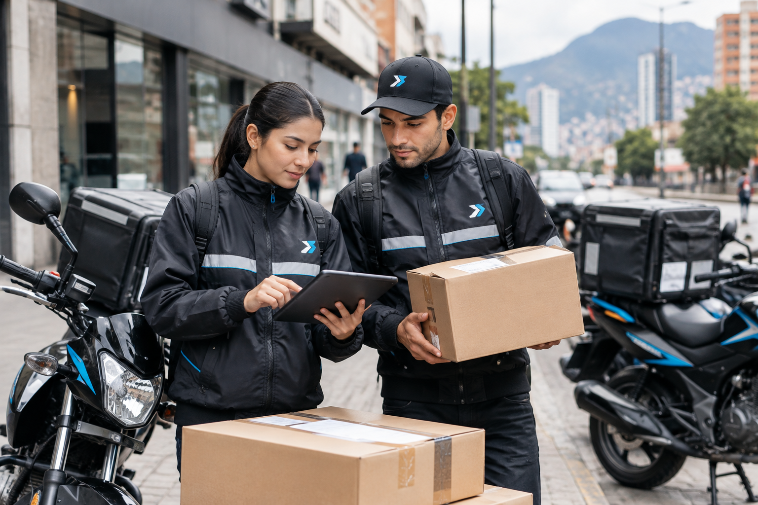Equipo de mensajería profesional en Bogotá D.C. preparando entregas urbanas junto a motocicletas y paquetes en una calle comercial
