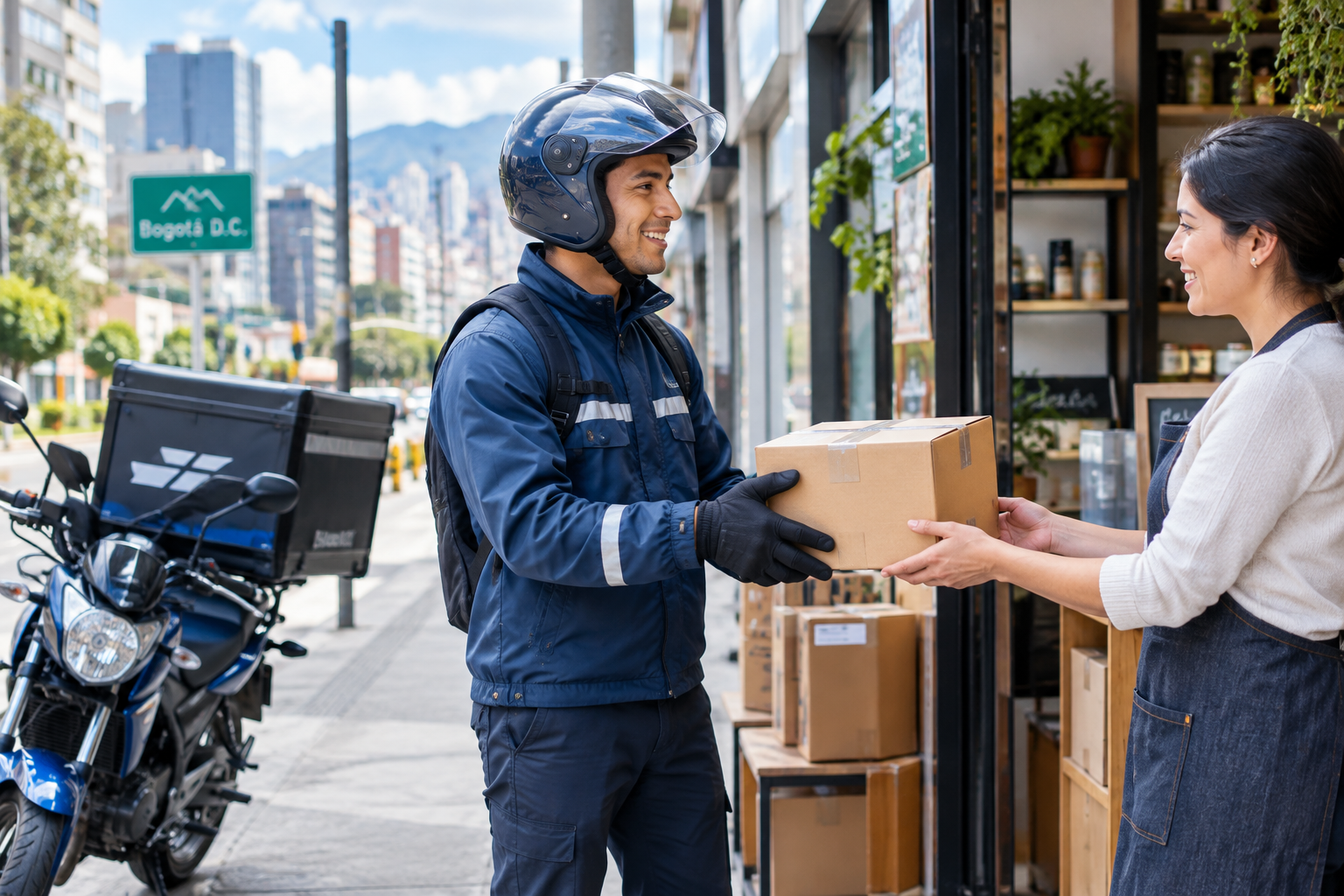 Mensajero profesional en Bogotá D.C. realizando entrega urbana con paquetes