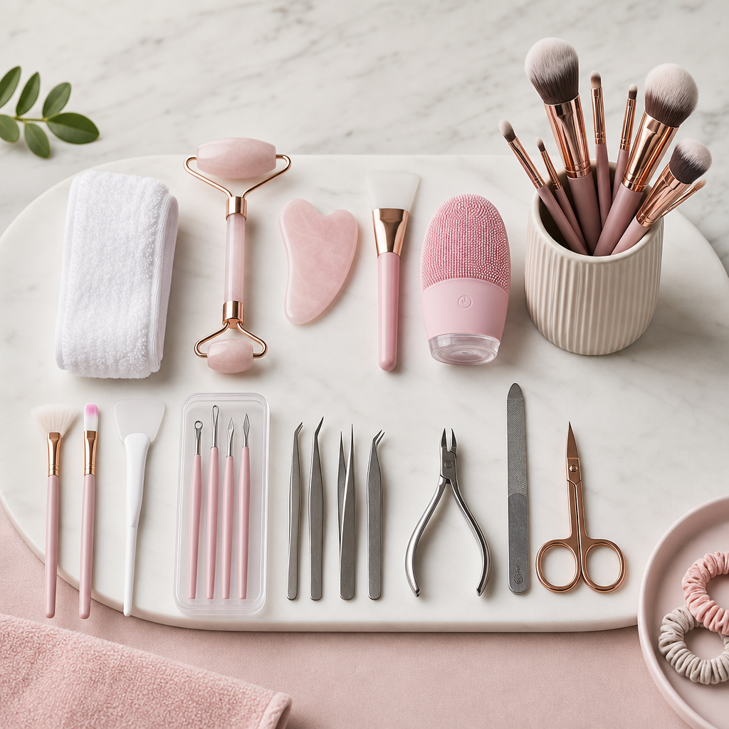 Beauty tools assortment with skincare applicators, manicure tools, and makeup brushes neatly aligned