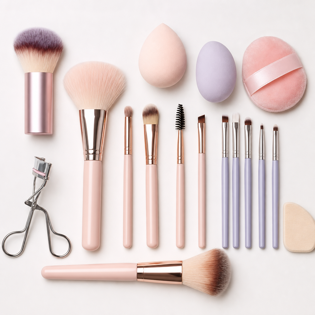 Beauty tools including brushes, sponges, and applicators laid out neatly