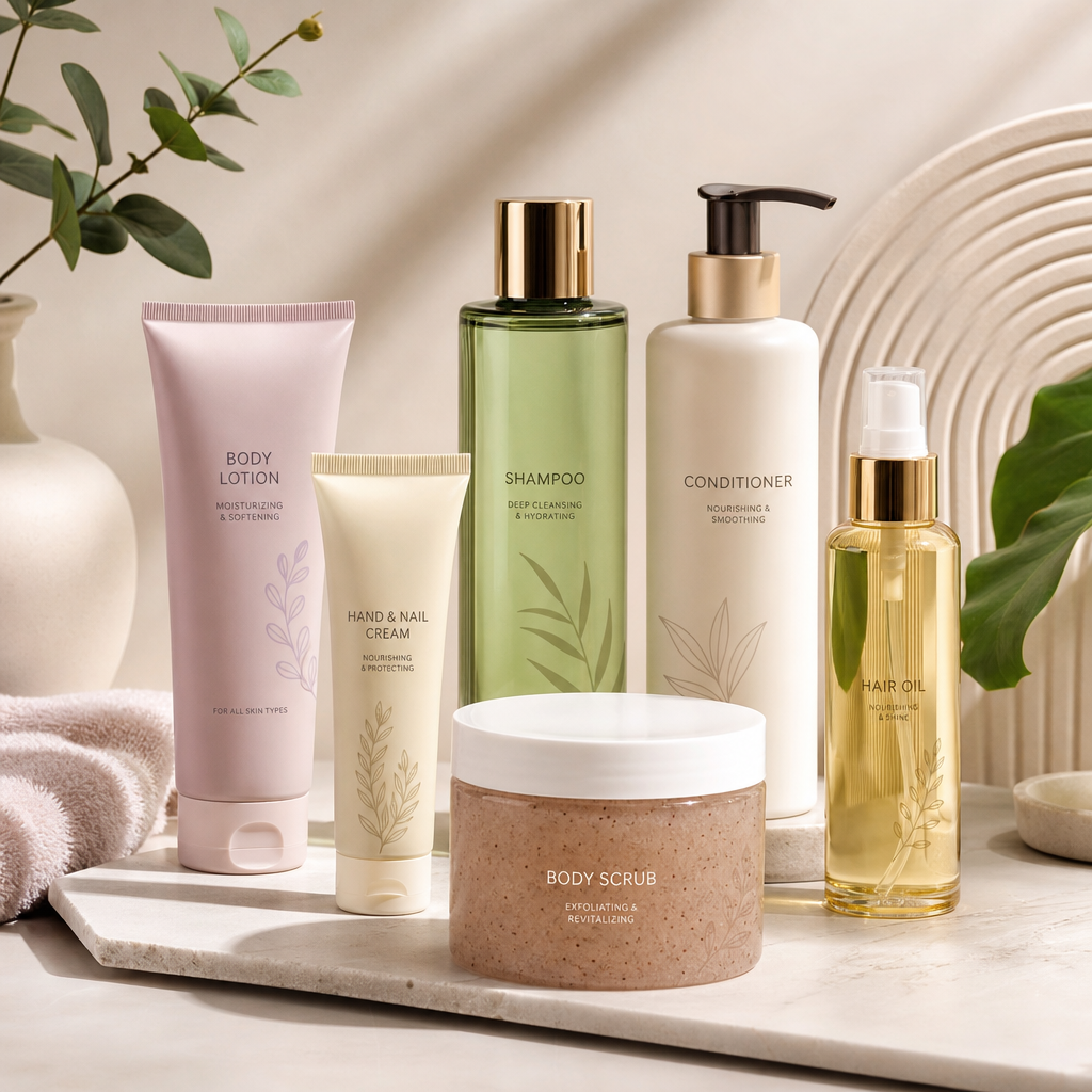 Body and hair care assortment with lotion tubes, shampoo bottles, and body oil displayed in a neutral studio setup