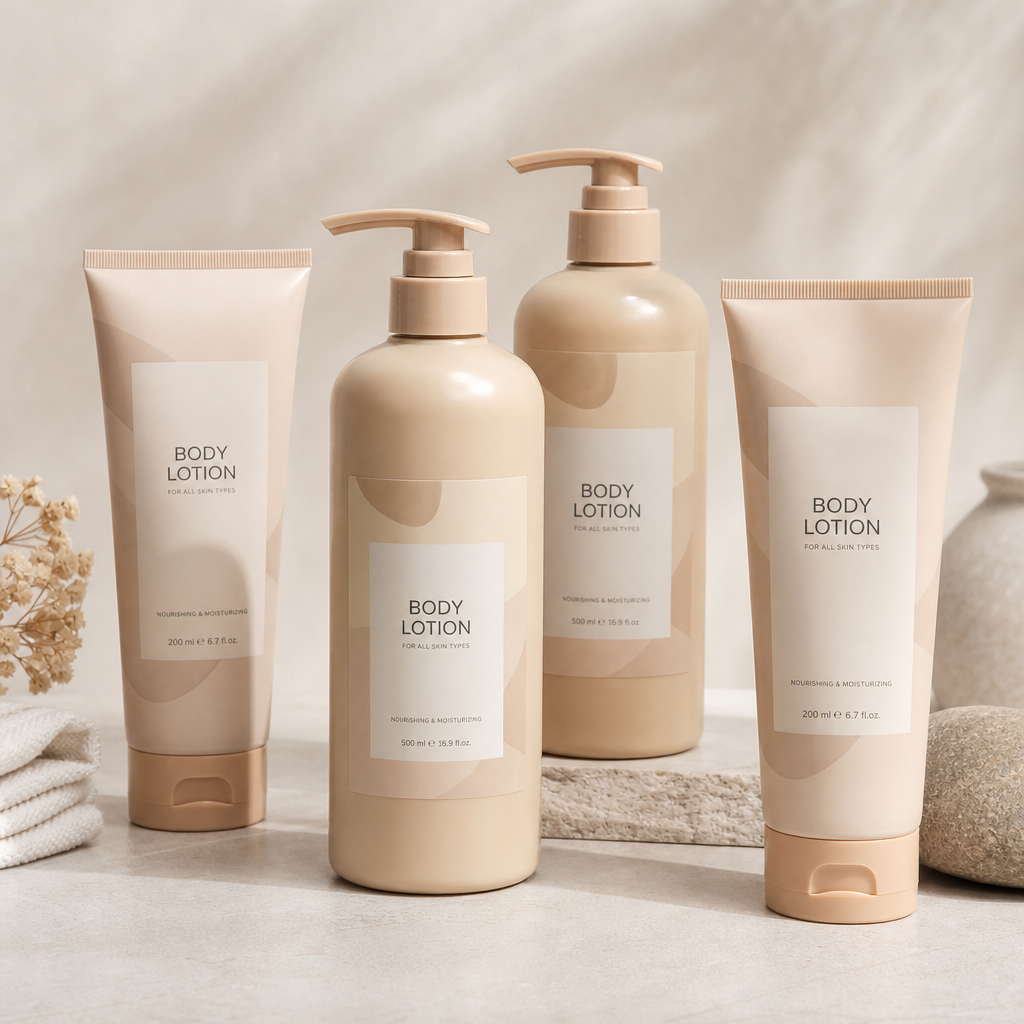 Body lotion pump bottles and tubes in warm beige packaging