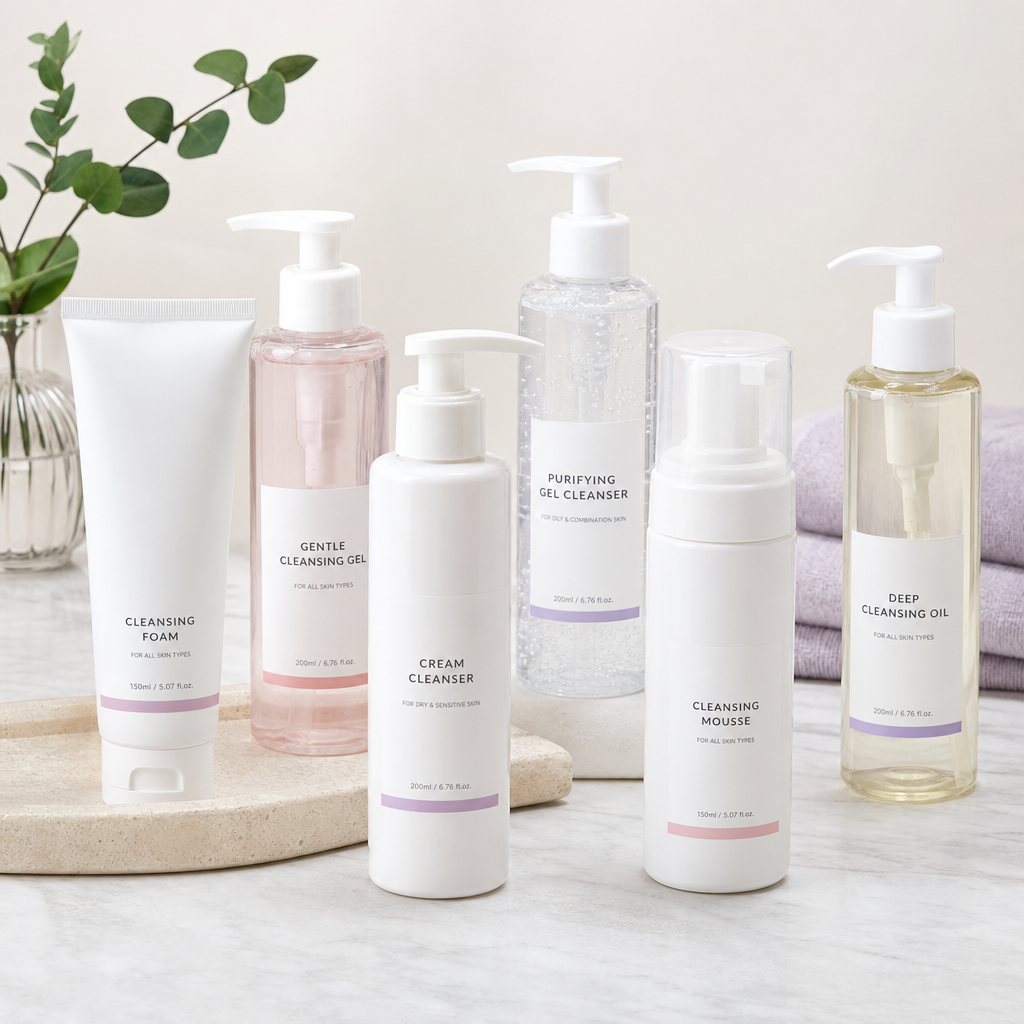Assorted facial cleanser bottles and pumps in clean white packaging
