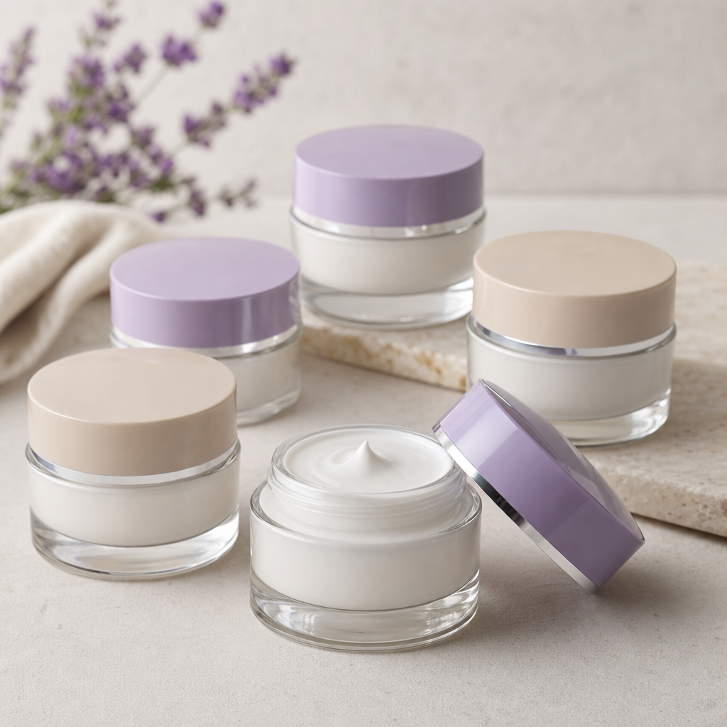 Premium day cream jars with soft beige and lavender lids
