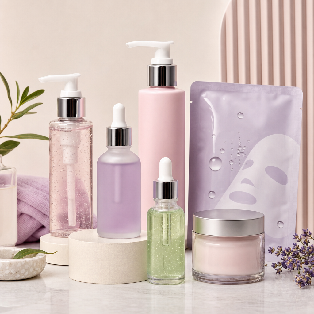 Assorted facial skincare products including glass dropper serums, moisturizers, and cleanser bottles arranged on a clean studio surface