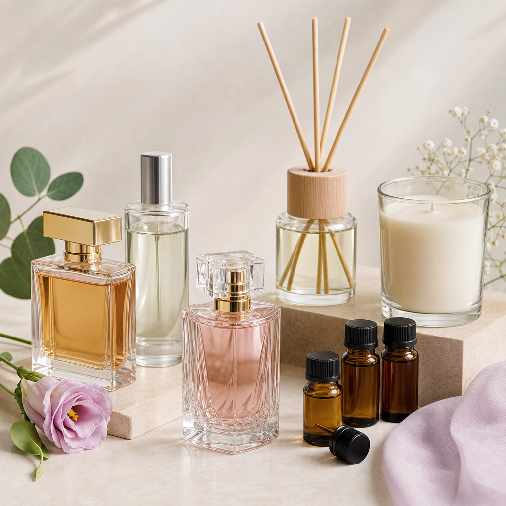 Fragrance and wellness lineup with perfume bottles, essential oil vials, and candle jars on a clean backdrop