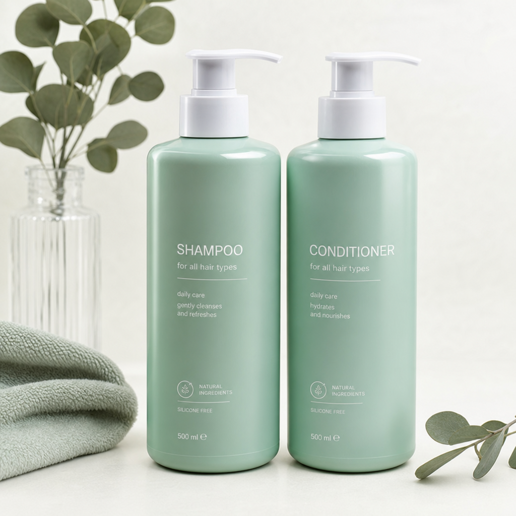 Professional shampoo and conditioner bottles in muted green packaging