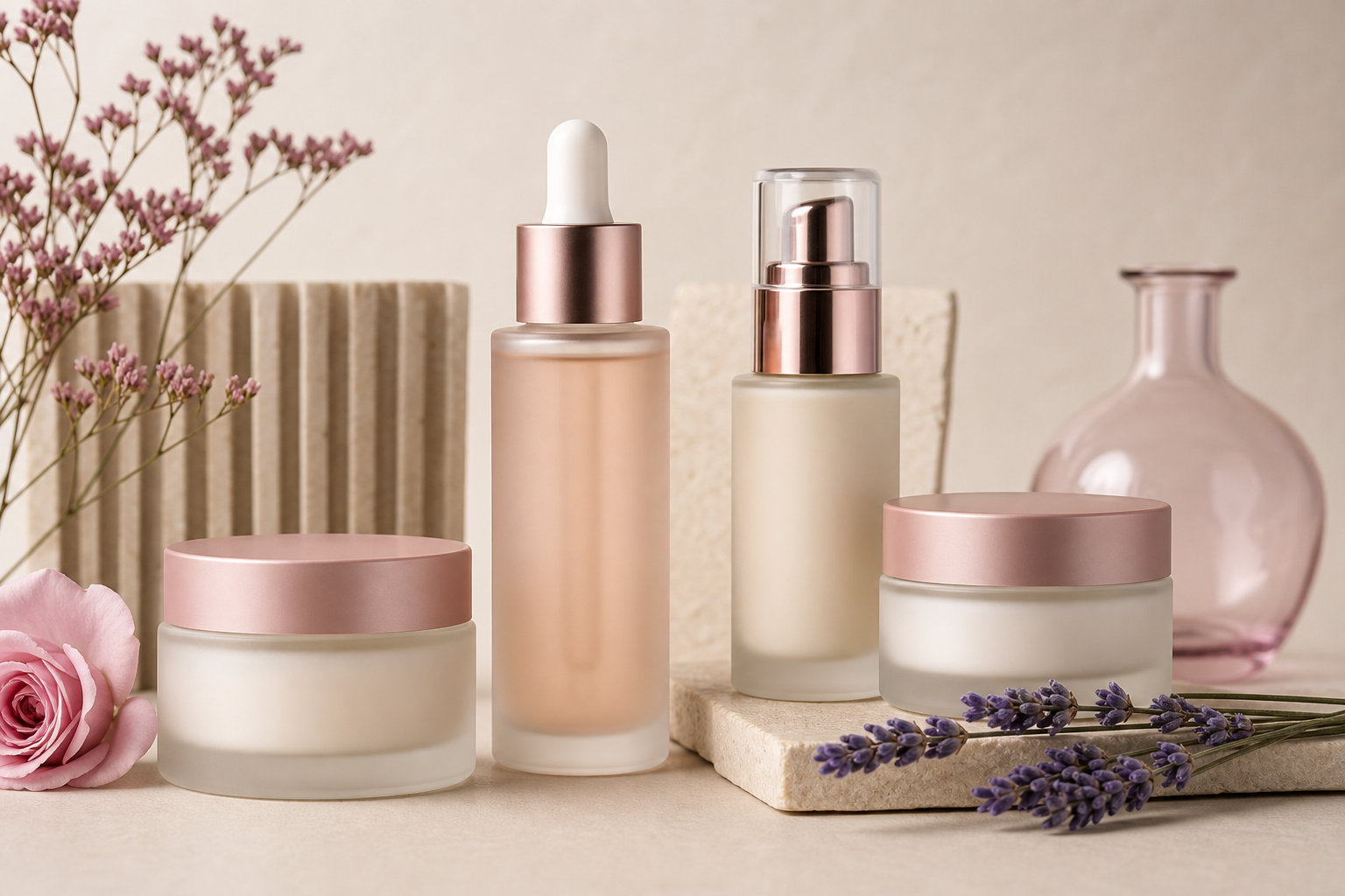 Elegant studio still life of skincare bottles, cream jars, and serum droppers in soft rose and beige tones