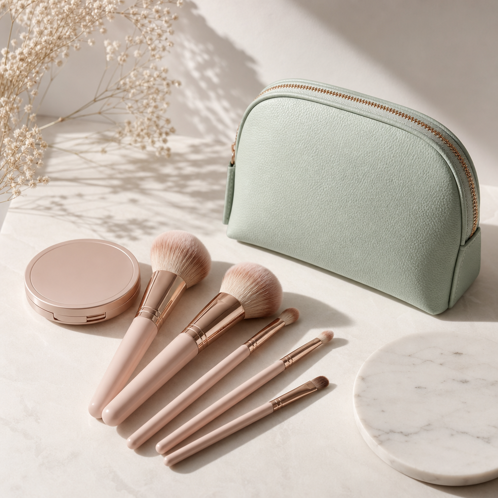 Minimal studio arrangement of makeup brushes, compact powder, and a mint-toned accessory case