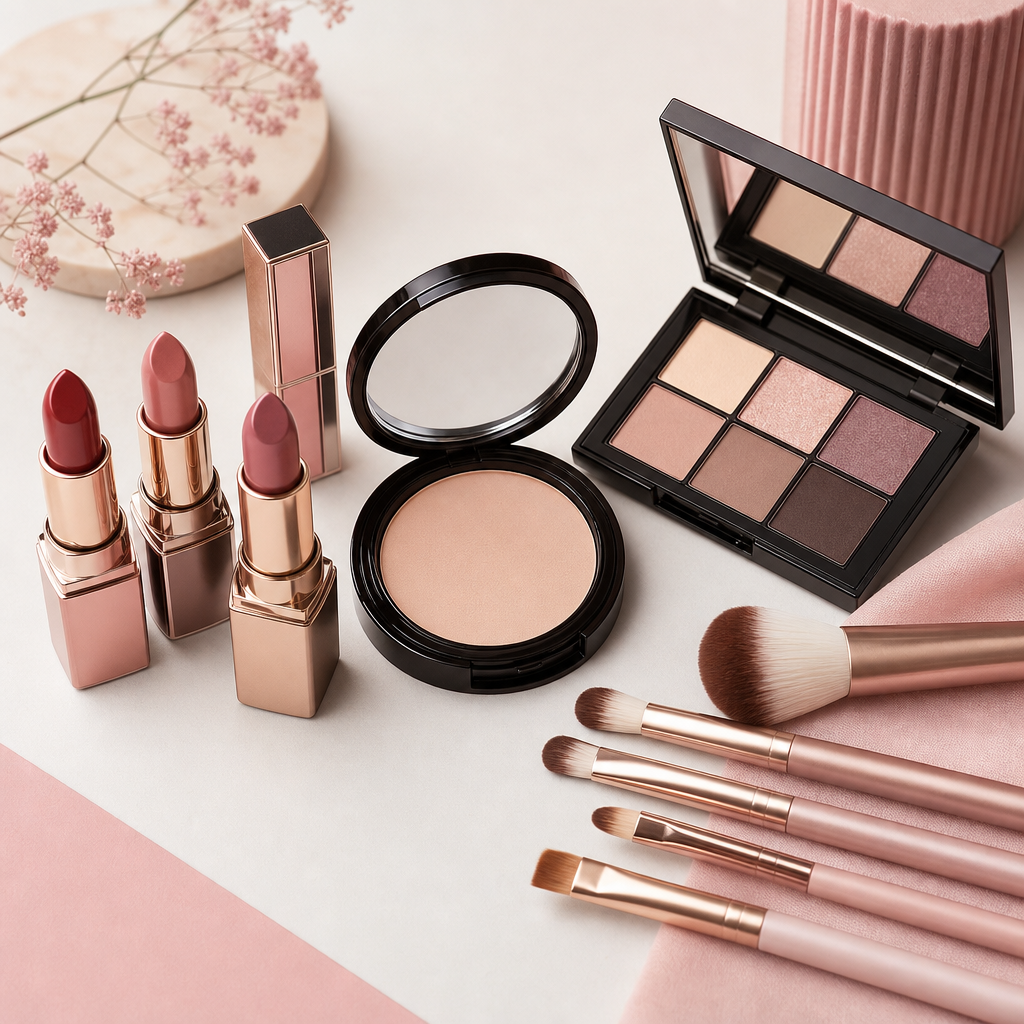 Makeup products including lipsticks, compact powder, and brushes arranged on a light surface