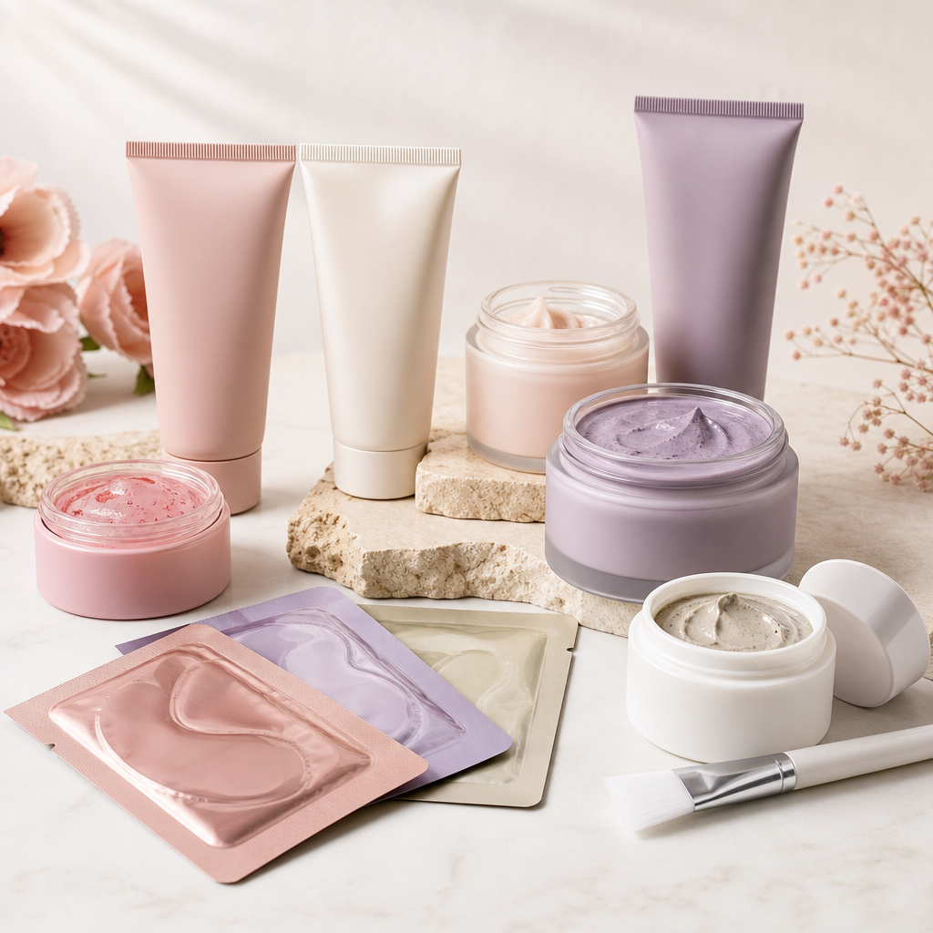 Assorted facial masks in tubes and sachets arranged on a clean surface