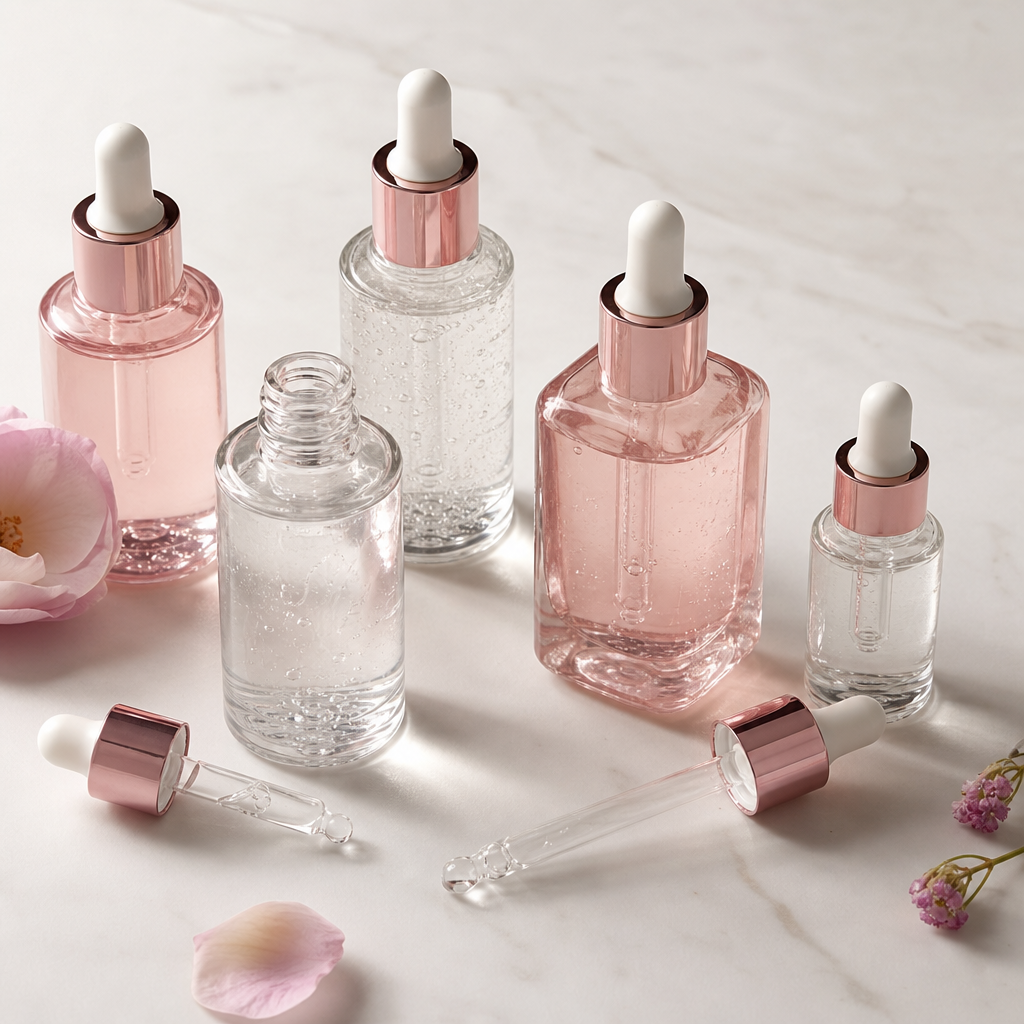 Glass serum dropper bottles in soft pink and clear tones