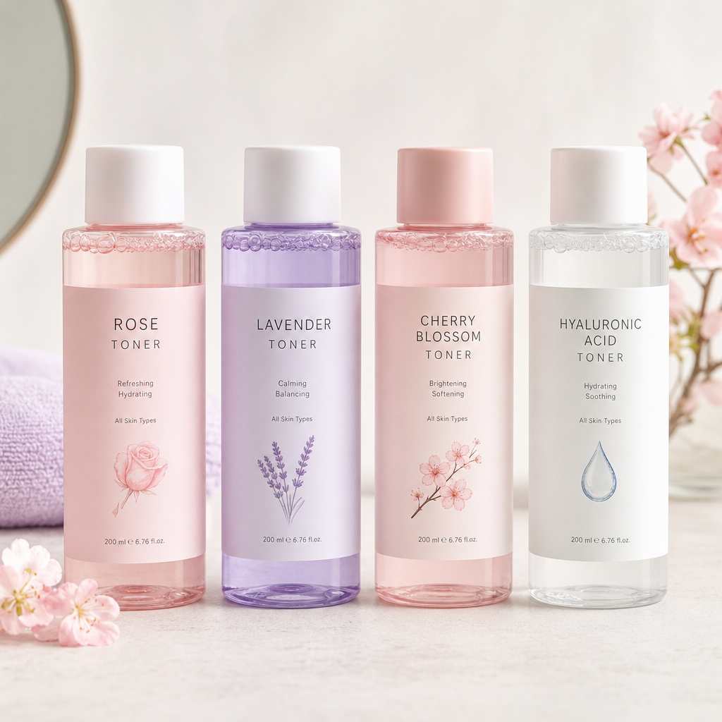 Toner bottles in pastel packaging with minimalist labels