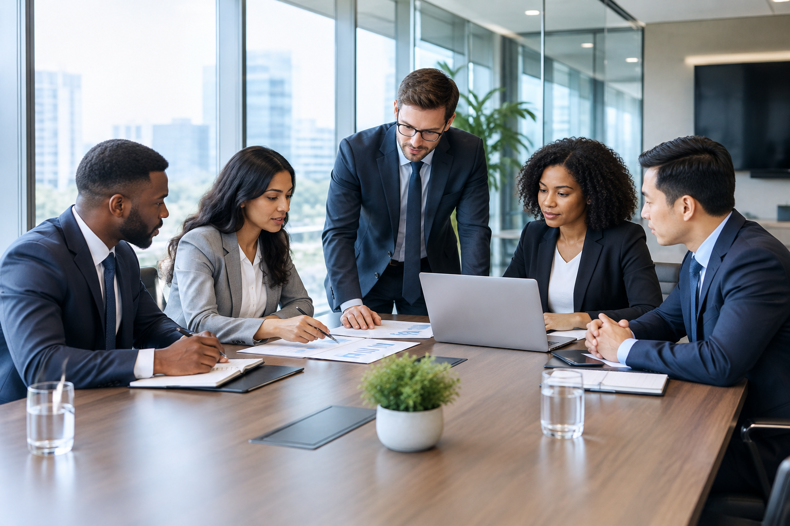 Modern corporate meeting room with diverse business professionals reviewing strategy at a conference table