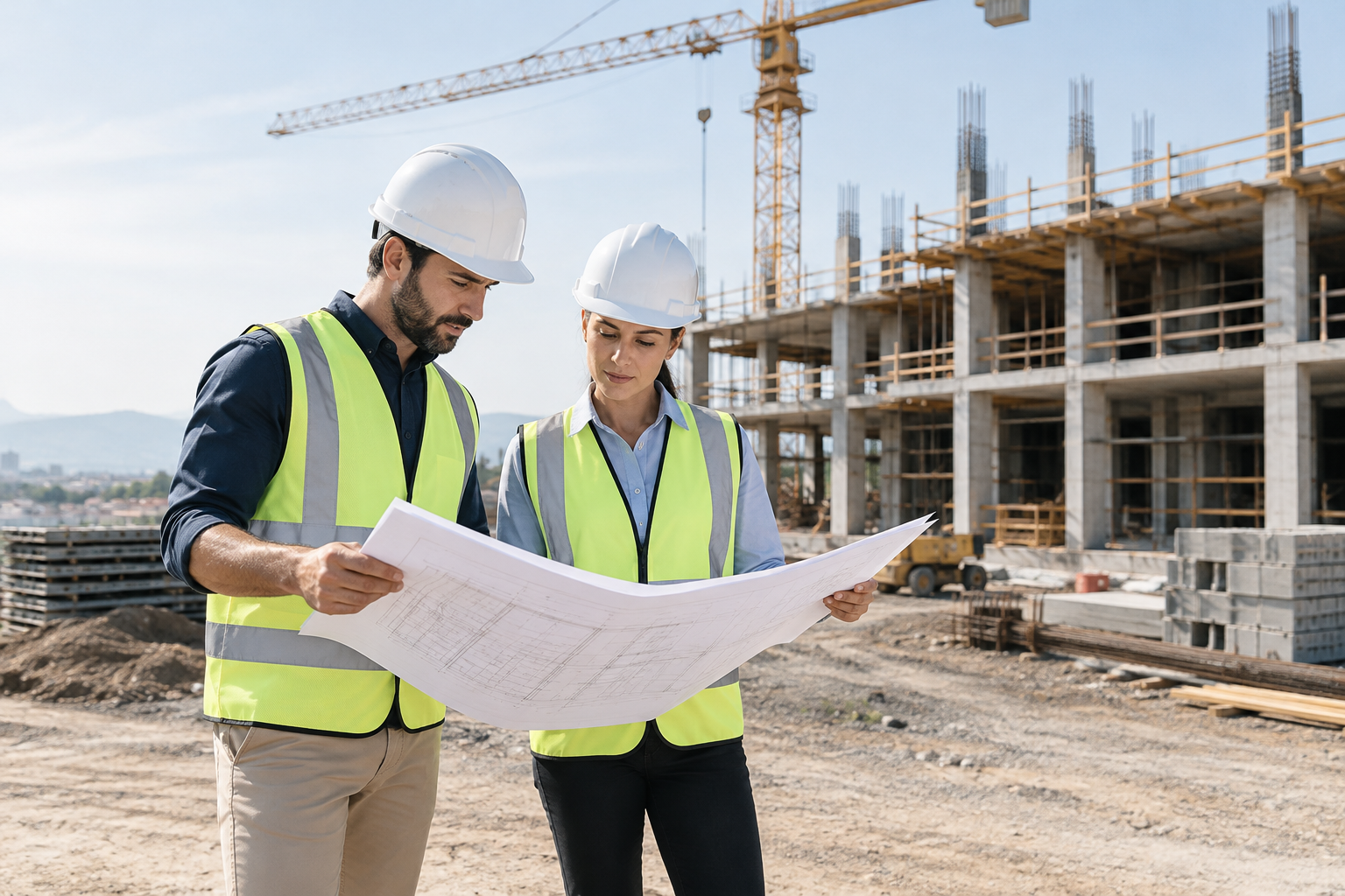 Construction engineers reviewing structural plans at an active building site