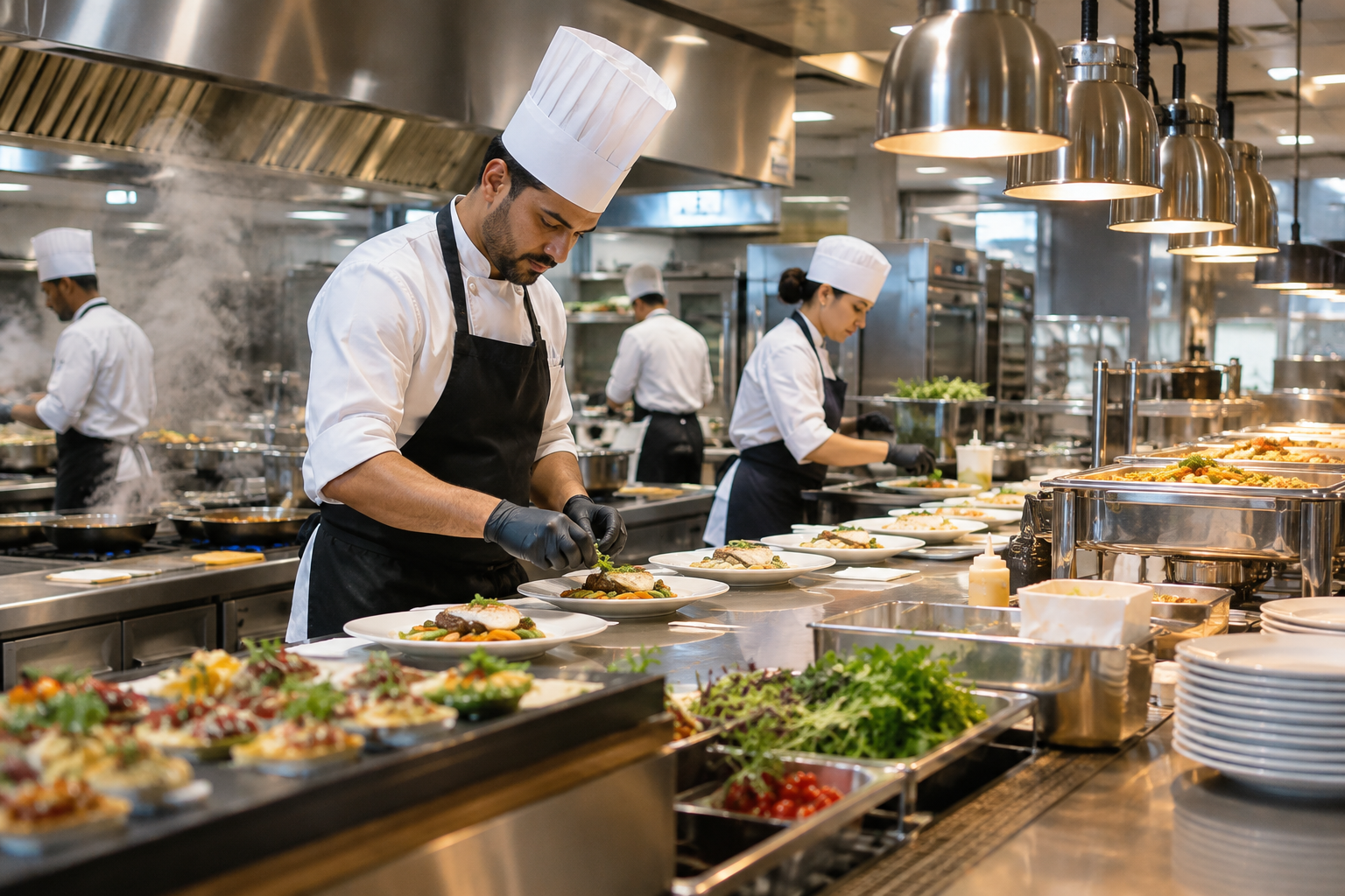 Professional catering kitchen team preparing plated corporate meals