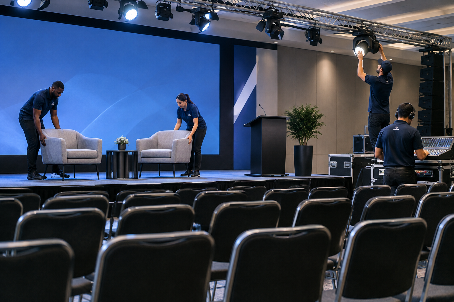 Events management crew coordinating stage, lighting, and venue setup