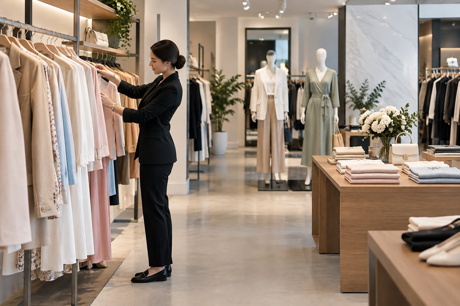 Boutique retail team arranging apparel displays in a premium showroom