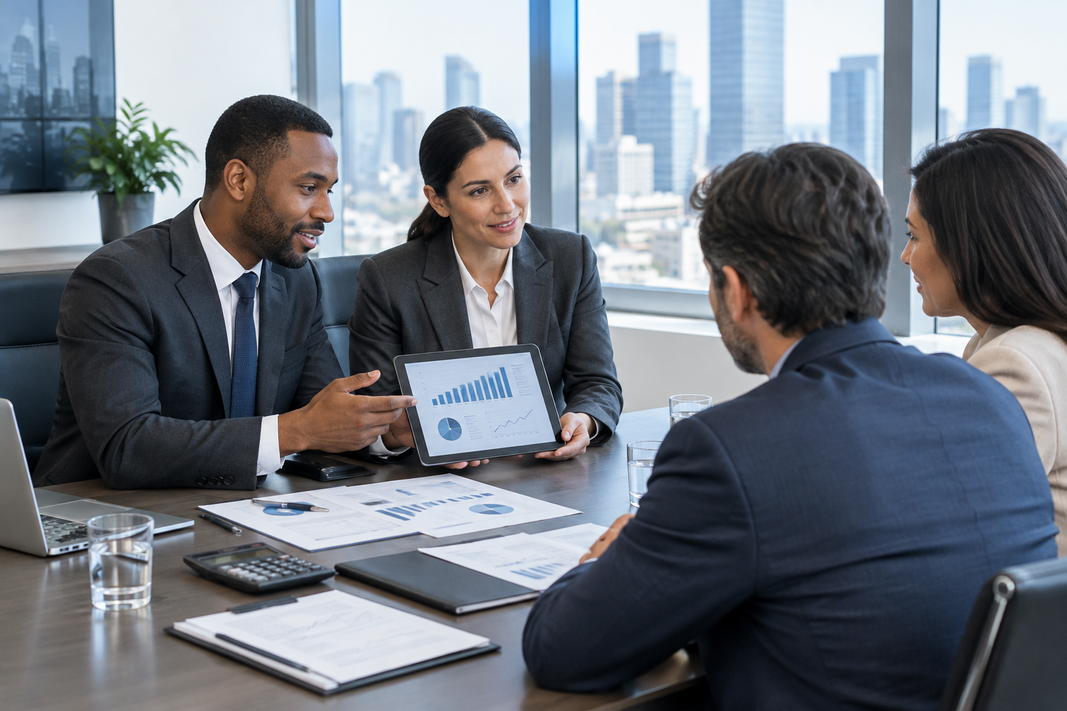 Financial advisors meeting with clients in a formal office consultation