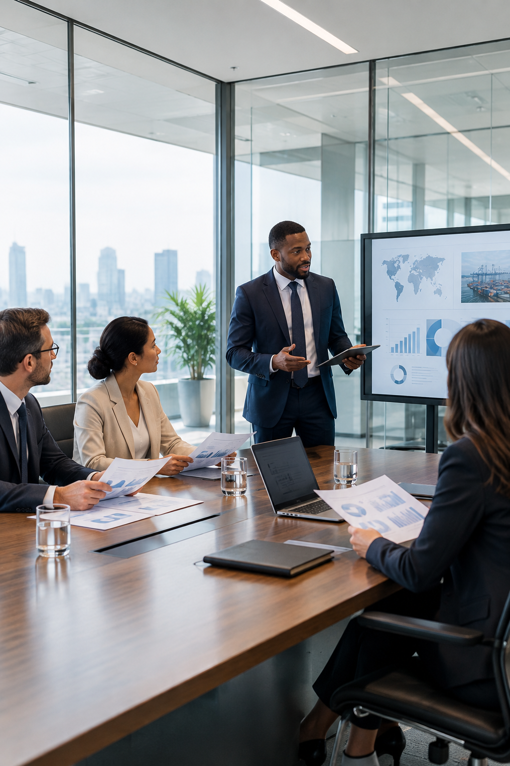 Confident corporate professionals in a modern boardroom reviewing multi-sector business plans