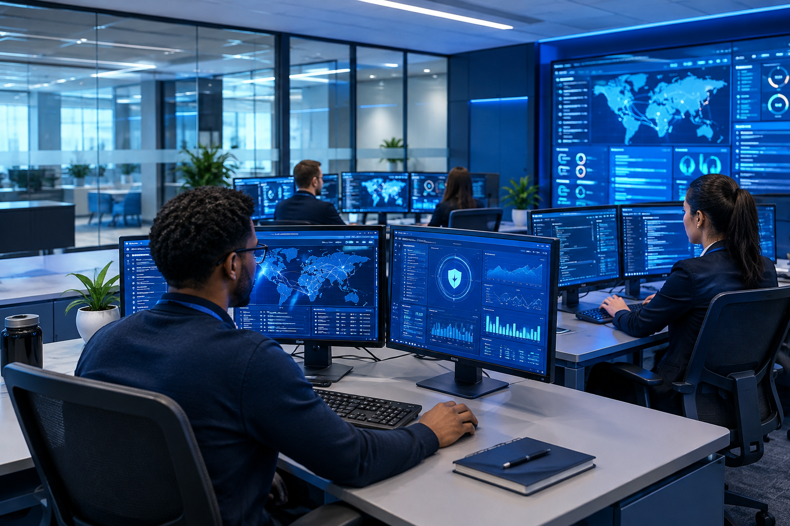 IT services professionals in a modern operations room with dashboard screens